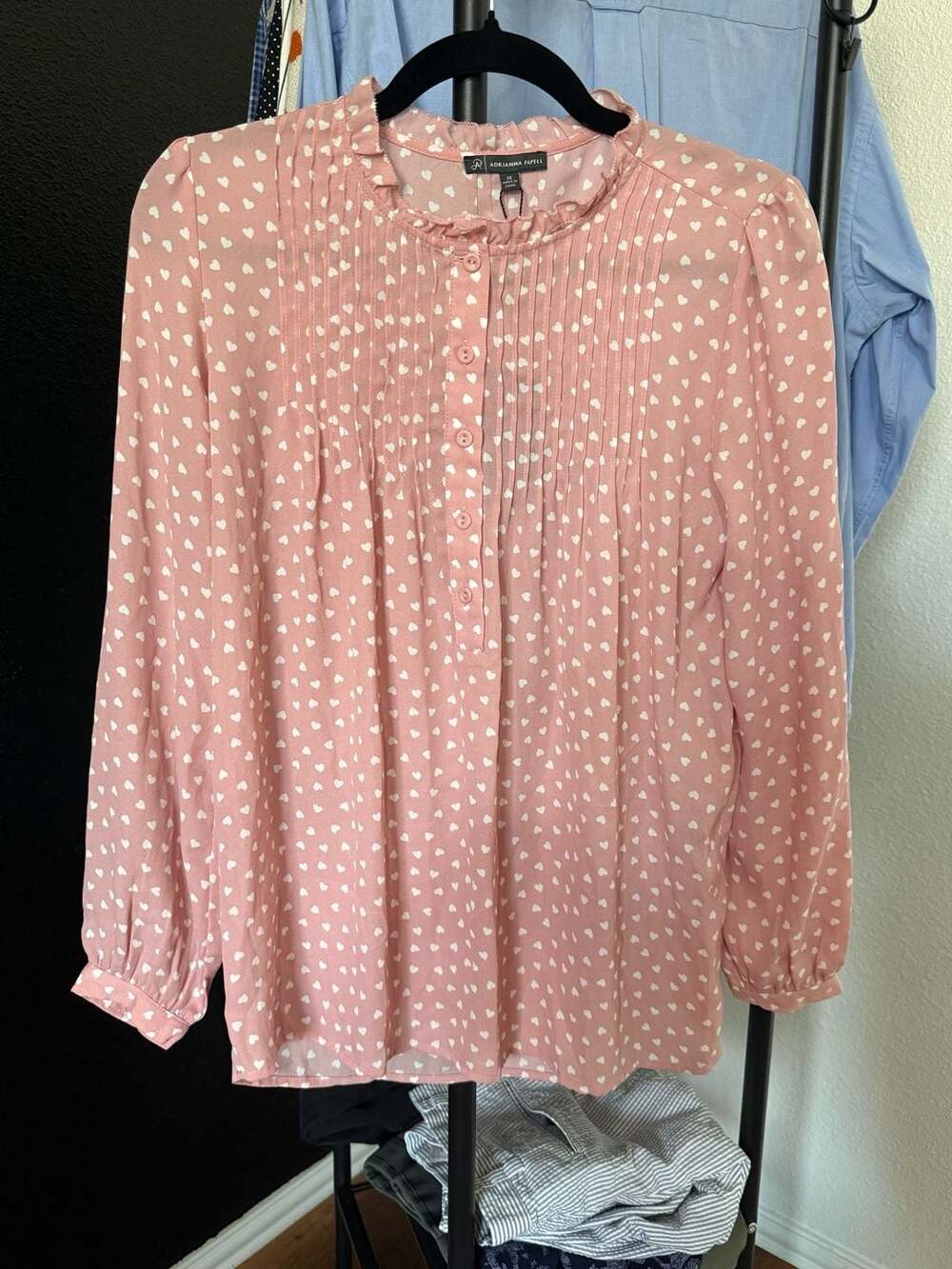Adrianna Papell Pink Heart Print Ruffle Neck Long Sleeve Blouse